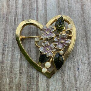 Heart Vintage Pink Green Enamel Gold Tone Brooch